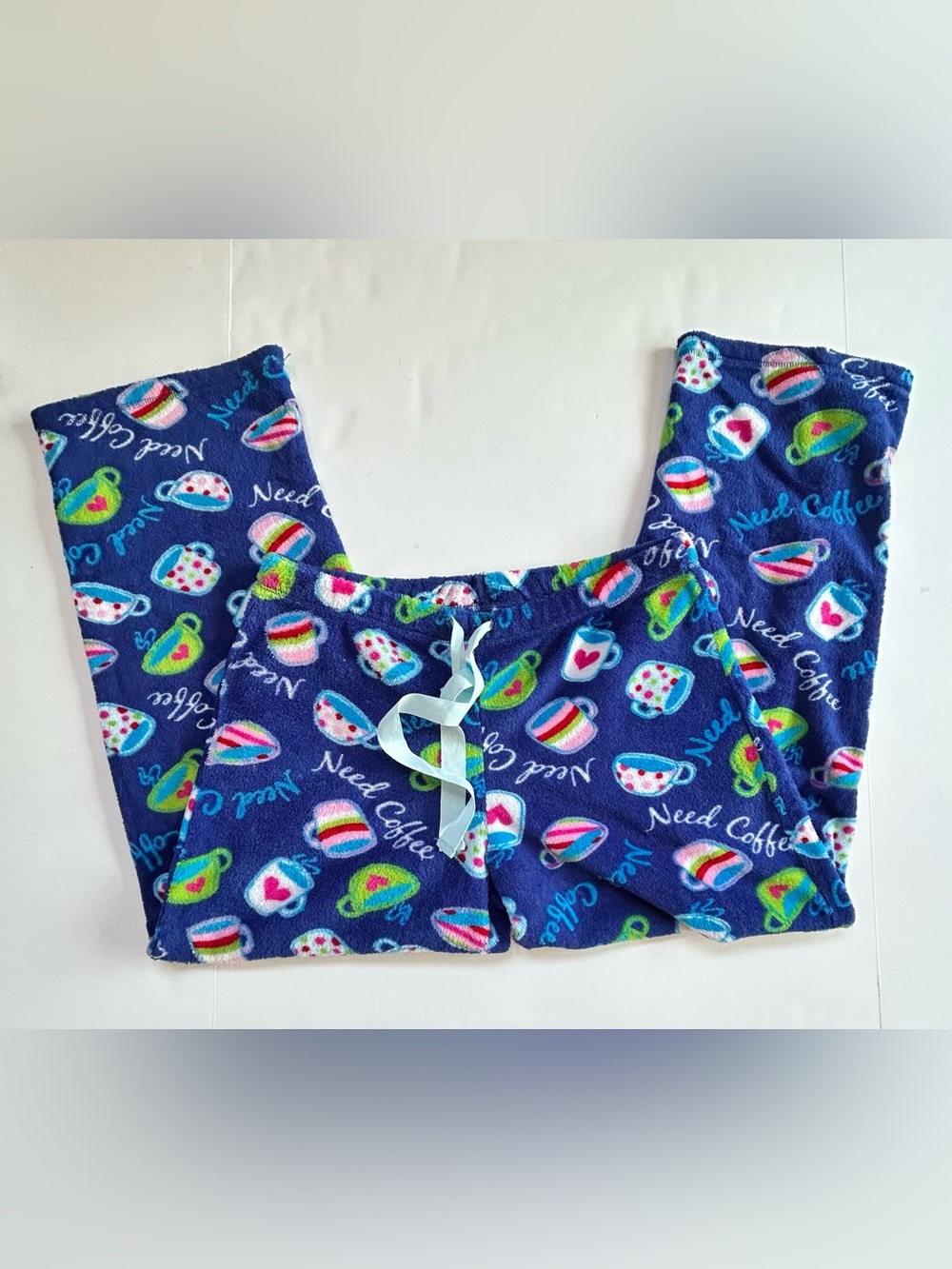 Women’s Navy Blue Fleece Pajama Pants with Coffee Cup Print